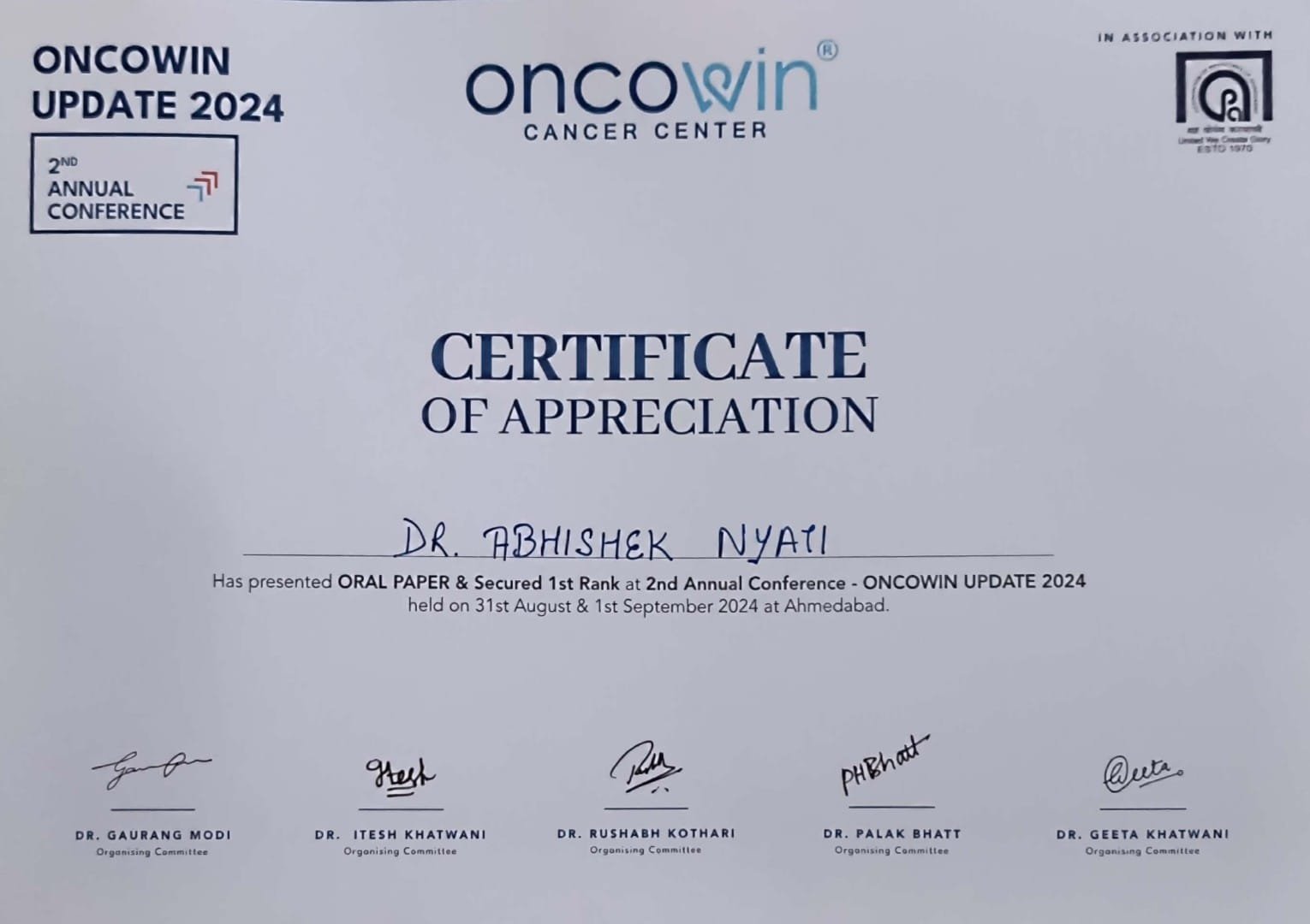 Certificate of Appreciation — Dr. Abhishek Nyati — 1st Rank Oral Paper, Oncowin Update 2024