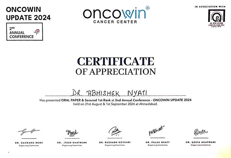 1st Rank, Oral Paper — Oncowin Update 2024, Ahmedabad